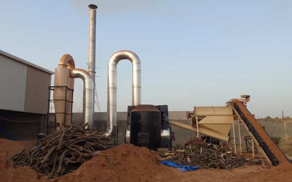 Industrial biomass drying system with cyclonic separator, exhaust stack and conveyor for sawdust and wood chips